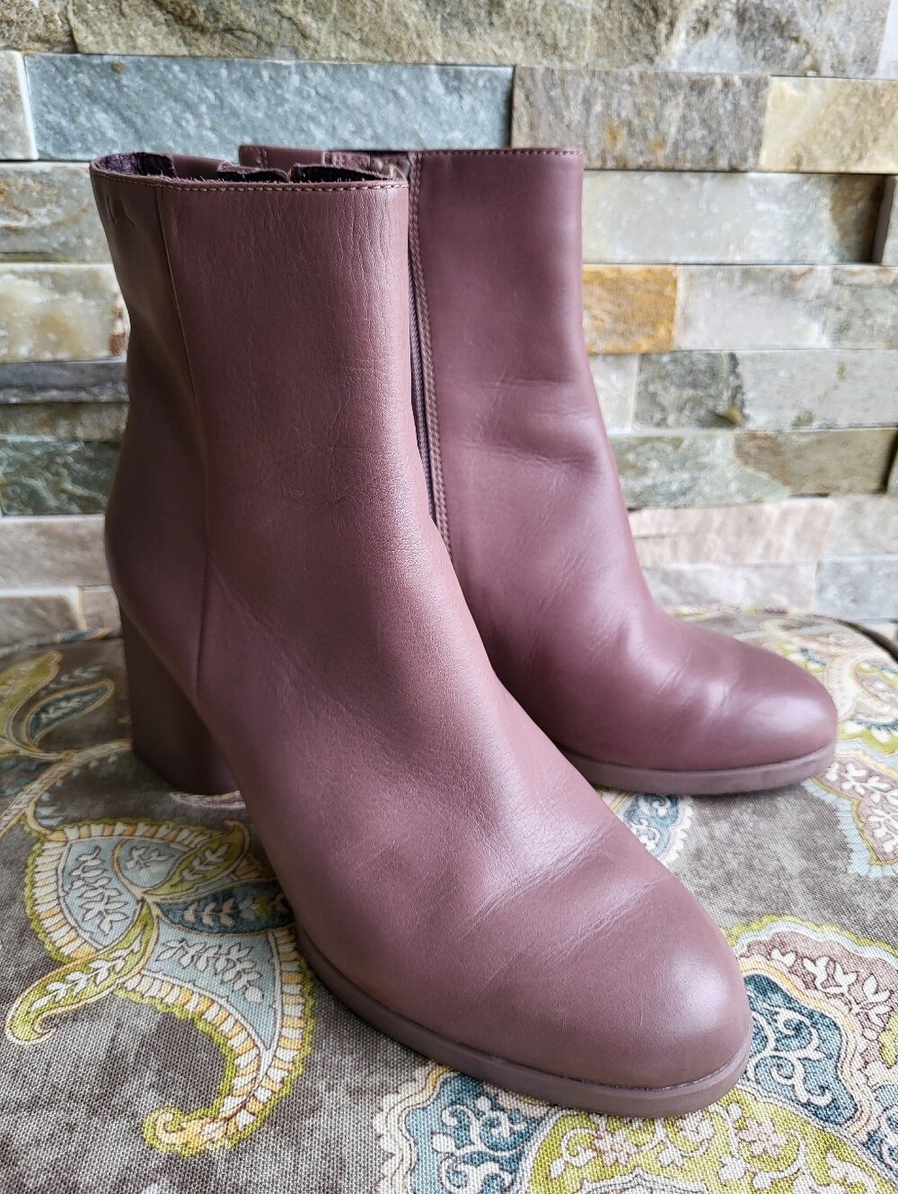 Camper Mauve Leather Ankle Boots with Block Heel